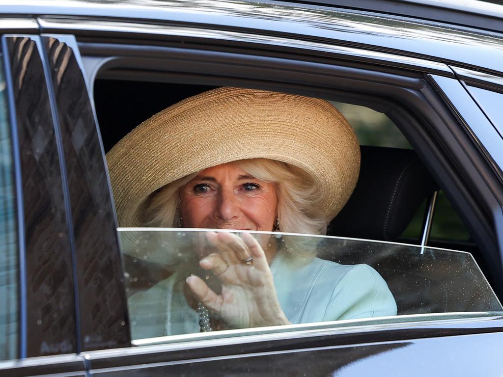 Queen Camilla waves after attending a church service officiated by Anglican Archbishop of Sydney Reverend Kanishka Raffel at St. Thomas's Anglican Church in Sydney, Australia. Picture: NewsWire / Toby Melville