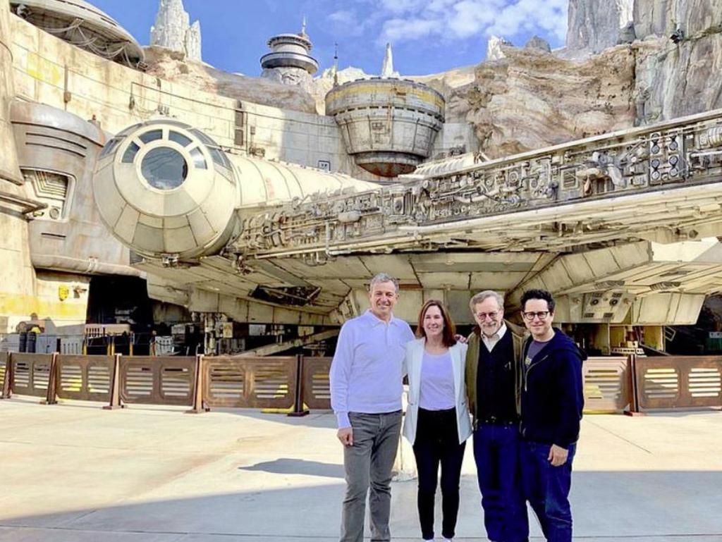 Robert Iger, Steven Spielberg, JJ Abrams and Kathleen Kennedy near the attraction’s Millennium Falcon. Picture: Instagram