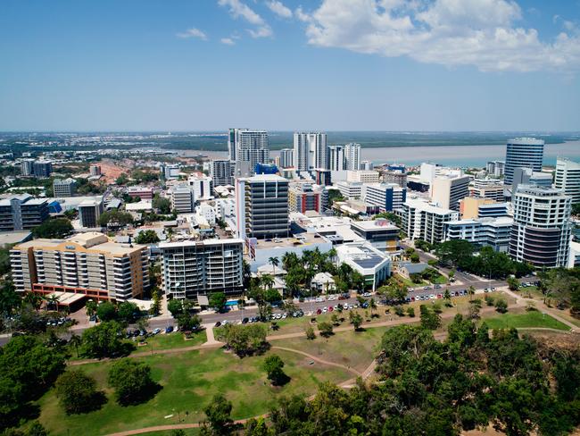 Aerial photo looking over The Esplanade at the Darwin city skyline.