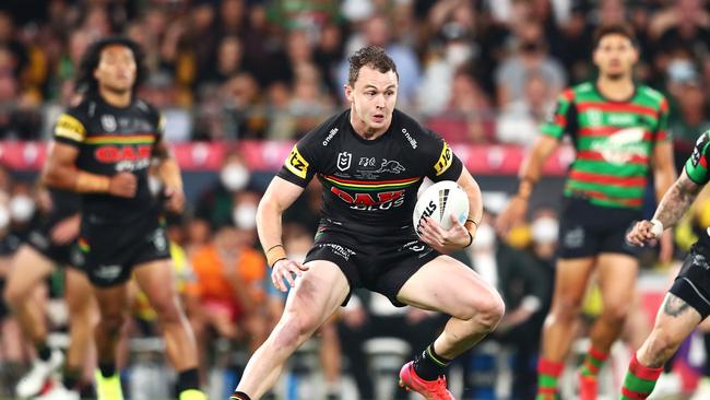 Dylan Edwards runs the ball during the 2021 NRL Grand Final match between the Penrith Panthers and the South Sydney Rabbitohs. Picture: Chris Hyde/Getty Images