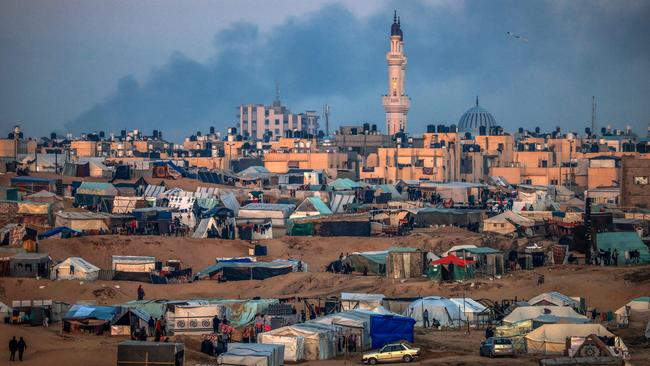 Amakeshift camp for displaced Palestinians on the west of Rafah near the Egyptian border. Picture: AFP