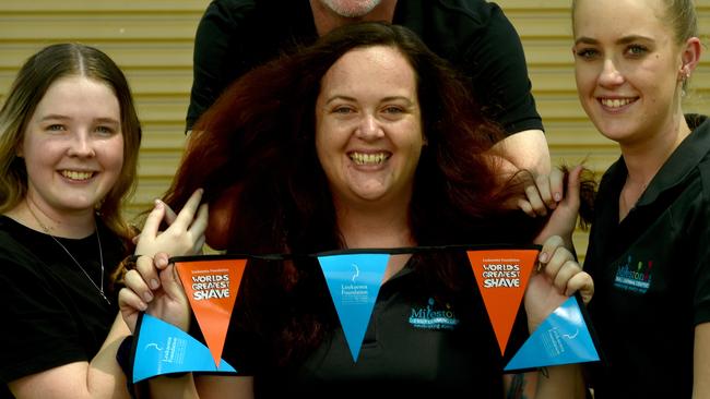 Kimberley Norris (centre) with work colleagues Jenna Hine, Shane Dann and Taylah Whittred is set for Shave for a Cure. Picture: Evan Morgan