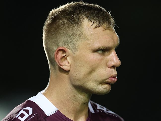 SYDNEY, AUSTRALIA - MARCH 08: Tom Trbojevic of the Sea Eagles looks on during the round one NRL match between Manly Sea Eagles and North Queensland Cowboys at 4 Pines Park, on March 08, 2025, in Sydney, Australia. (Photo by Cameron Spencer/Getty Images)