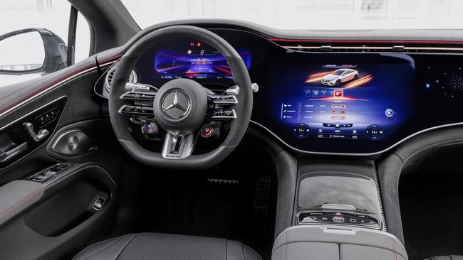 The Mercedes-AMG EQS 53 features the new Hyperscreen, which runs the length of the dash.