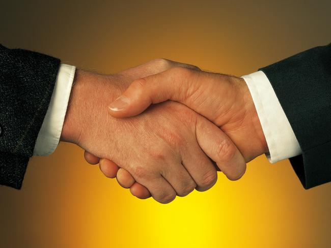 Two male business executives shaking hands. Men. Businessmen.