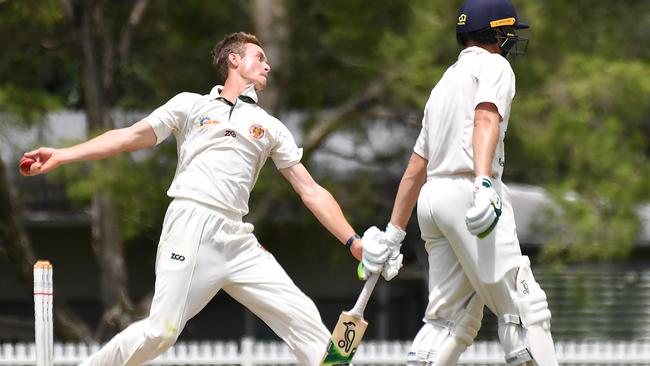 Redlands bowler John Stimpson Cricket action between UQ v Redlands Saturday December 17, 2022. Picture: John Gass