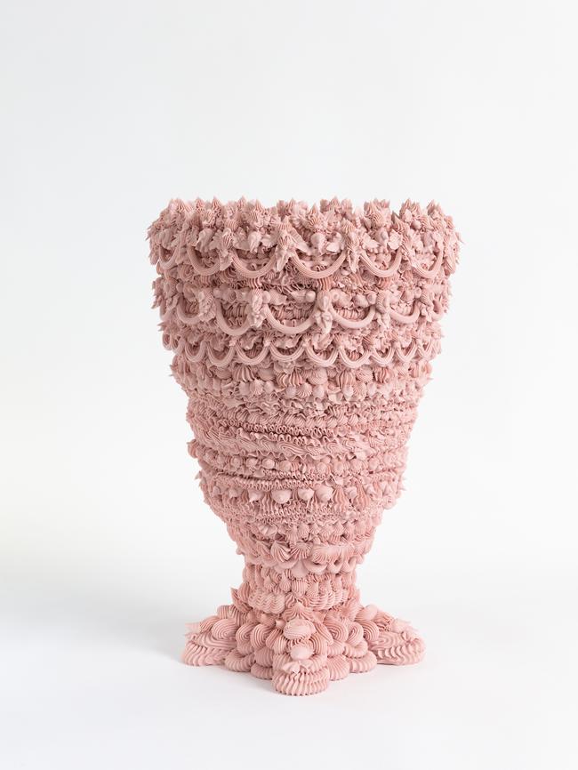 Ebony Russell, 'Decorative Urn: Pink and Useless' 2020, piped porcelain and stain, 43 x 30 x 30cm; $4500. Image courtesy of the artist and Artereal. 