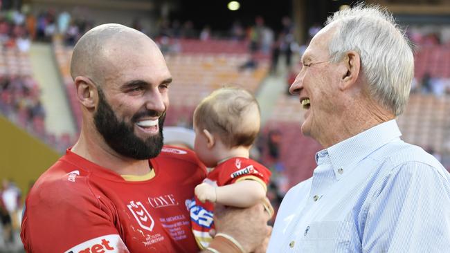 Dolphins coach Wayne Bennett with Mark Nicholls after their round 1 win. Picture: NRL Photos