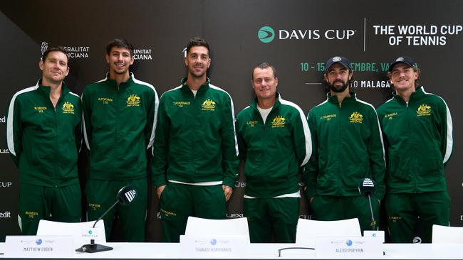 Nick Kyrgios was not part of Australia’s 2024 Davis Cup campaign. Pictured: Matthew Ebden, Thanasi Kokkinakis, Alexei Popyrin, Captain Lleyton Hewitt, Jordan Thompson and Max Purcell. Photo by Angel Martinez/Getty Images for ITF.