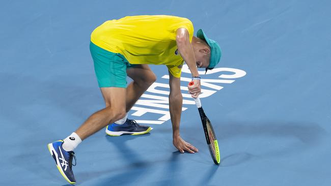 Alex de Minaur injured his abdominal muscle during a gruelling ATP Cup campaign. Picture: AAP/Craig Golding