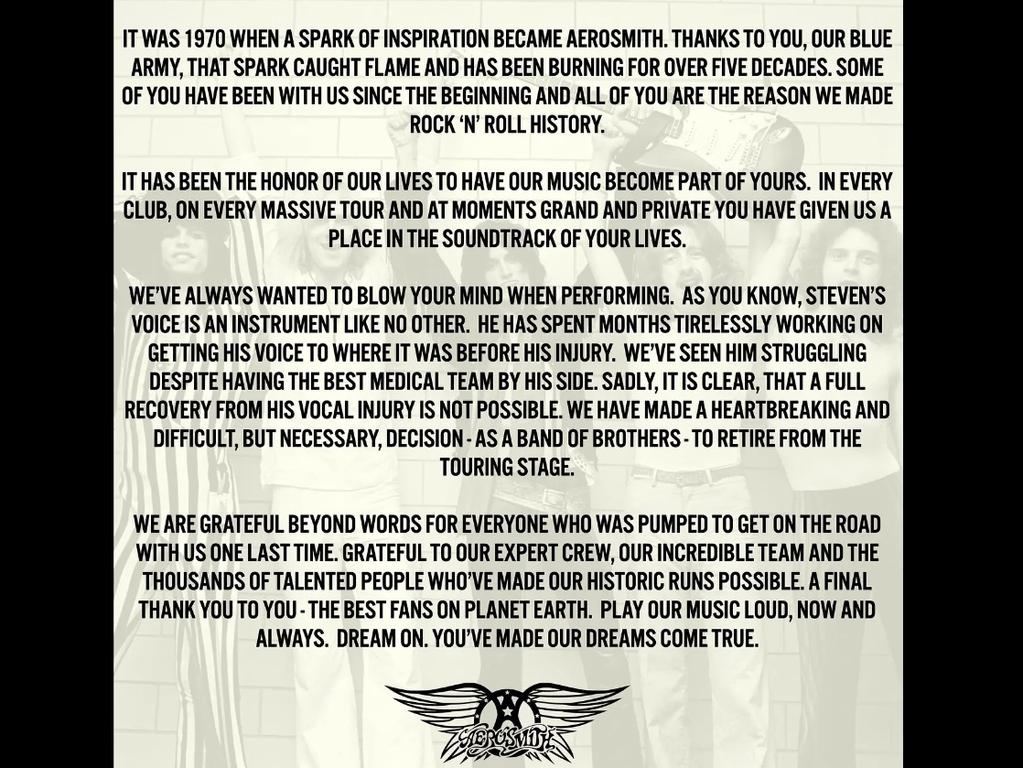 Aerosmith's statement announcing their retirement from touring.