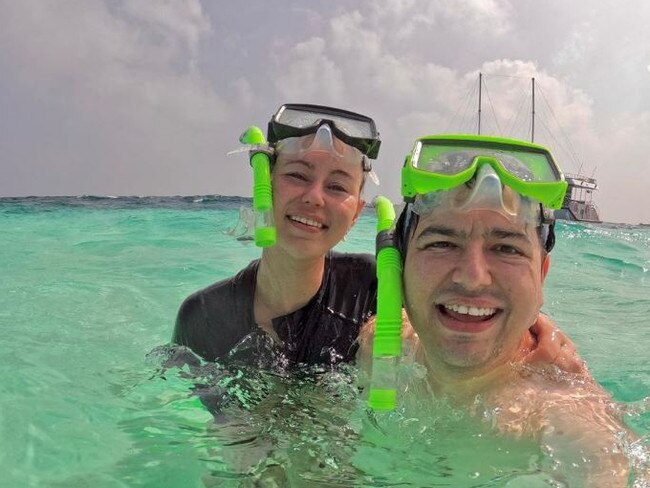 Higgins and partner David Sharaz on holiday in the Maldives in January. Picture: Instagram