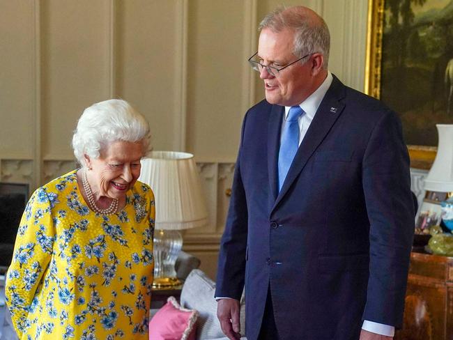 Britain's Queen Elizabeth II receives Australia's Prime Minister Scott Morrison during an audience in the Oak Room at Windsor Castle, Berkshire on June 15, 2021. Picture: Steve Parsons /Pool/AFP