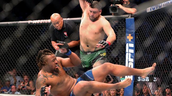 Tai Tuivasa defeated Greg Hardy in the first round in their heavyweight bout at UFC 264. Picture: Stacy Revere/Getty Images