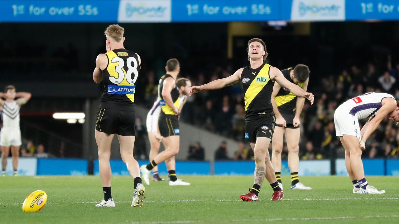 Noah Cumberland (left) and Liam Baker react as the final siren sounds. Picture: Michael Willson