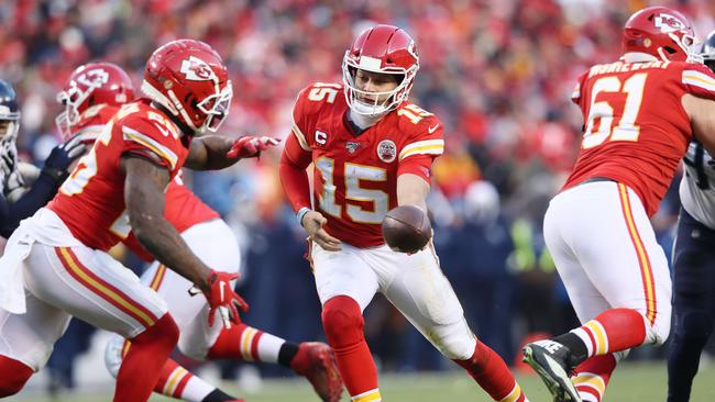 Chiefs quarterback Patrick Mahomes in action during the AFC Championship game against Tennessee at Arrowhead Stadium in Kansas City