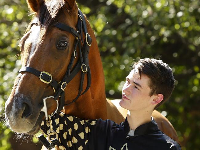 Jockey Regan Baylis, in new silks with, and Redkirk Warrior at Randwick racecourse, today.Picture: Justin Lloyd.