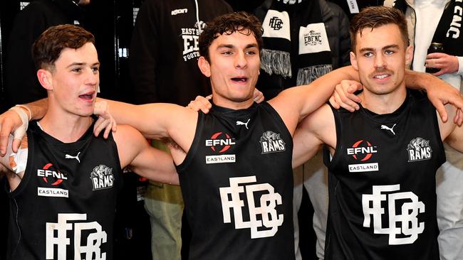 East Burwood sings the song in the rooms after the win over Lilydale. Photo by Josh Chadwick