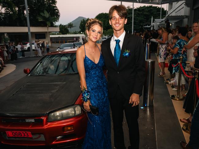 Hayley Kearney and Kane Bowers arrive at the Smithfield State High formal on Saturday evening at the Pullman Reef Hotel Casino. Picture Emily Barker.