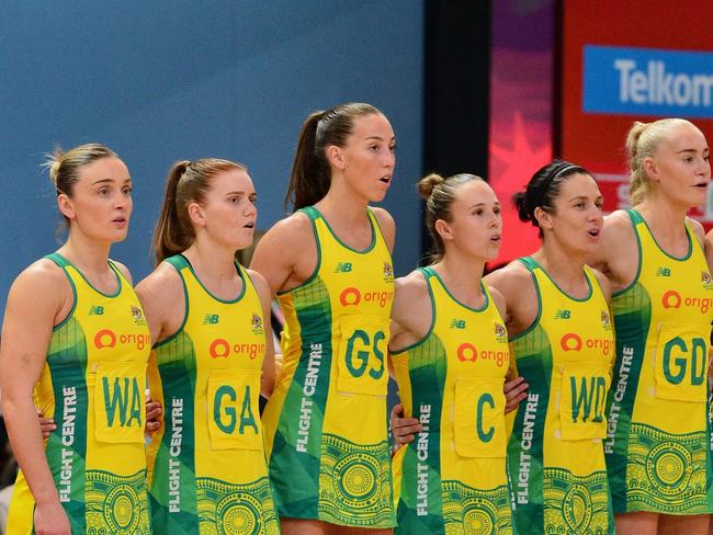 CAPE TOWN, SOUTH AFRICA - AUGUST 06: Australia singing the national anthem during the Netball World Cup 2023, final match between England and Australia at Cape Town International Convention Centre, Court 1 on August 06, 2023 in Cape Town, South Africa. (Photo by Grant Pitcher/Gallo Images/Netball World Cup 2023)