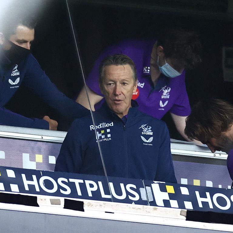 Storm coach Craig Bellamy looks on as his team score fifty unanswered points against South Sydney. Picture: Cameron Spencer/Getty Images