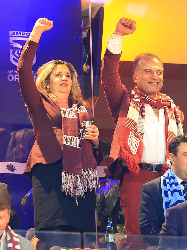 Annastacia Palaszczuk and Reza Adib watch the State of Origin decider. Picture: Adam Head