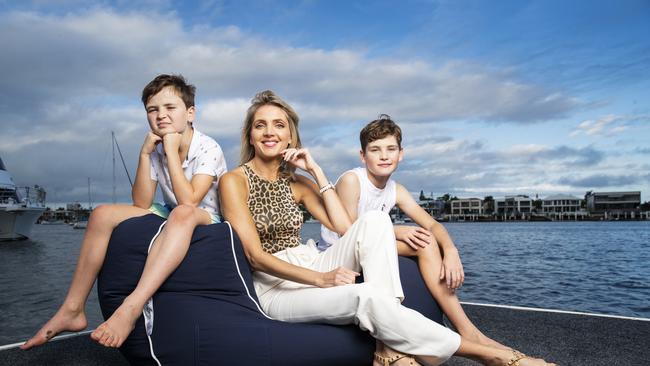 Actress Nikki Osbourne with her two sons Teddy 9, and Will 13, who have recently moved to Queensland from Victoria to escape the lockdown restrictions and are looking to buy a house on the Sunshine Coast. Picture Lachie Millard