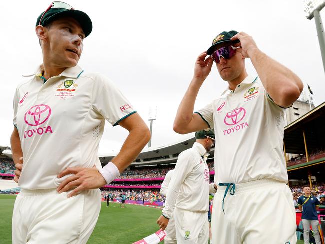 Beau Webster (right) was presented with his baggy green by Mark Waugh. Picture: Getty Images