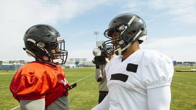 ****EXCLUSIVE NEWS 360 LOCKED CONTENT - AUS OUT, NEWS.COM.AU OUT***** English Premiership Rugby Player, Christian Wade (L), shakes hands with Valentine Holmes, 23, during training at the IMG Academy in Bradenton, Florida. Thursday, January 31st, 2019. (Angus Mordant for NewsCorp Australia)