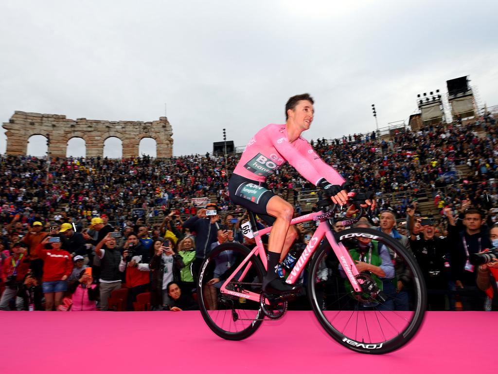 Jai Hindley celebrates as final overall winner at the Arena di Verona. Picture: Tim de Waele/Getty Images