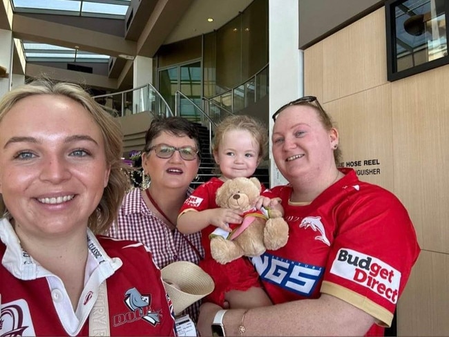 Tiana Hancock, Annette van Loon, Charlotte Ray, 2, and Kerri-Anne Mason - all of Redcliffe - enjoying the Dolphin's debut NRL game against the Sydney Roosters at Brisbane's Suncorp Stadium on Sunday, March 5, 2023. Picture: Supplied