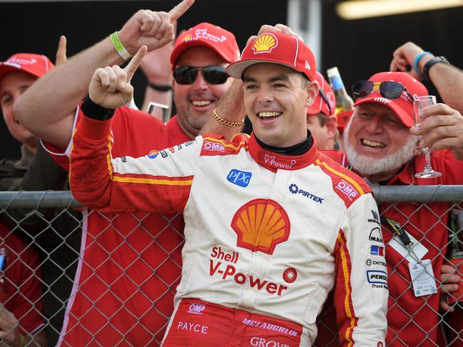 Scott McLaughlin celebrates with fans after winning Race 12 in Perth in this year’s V8 Supercars Championship. Picture: Getty Images