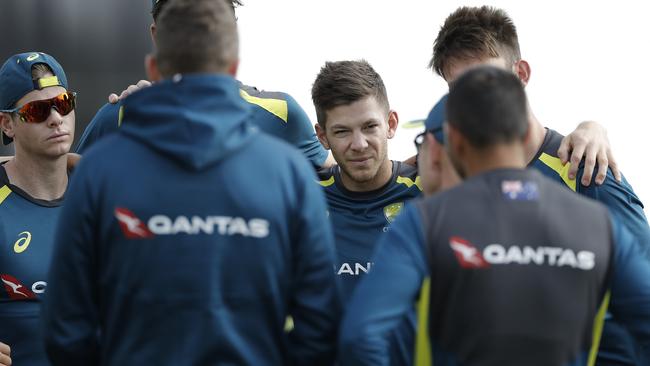 Steve Smith, left, and Australia captain Tim Paine during a nets session at the County Ground in Derby. Picture: Getty Images