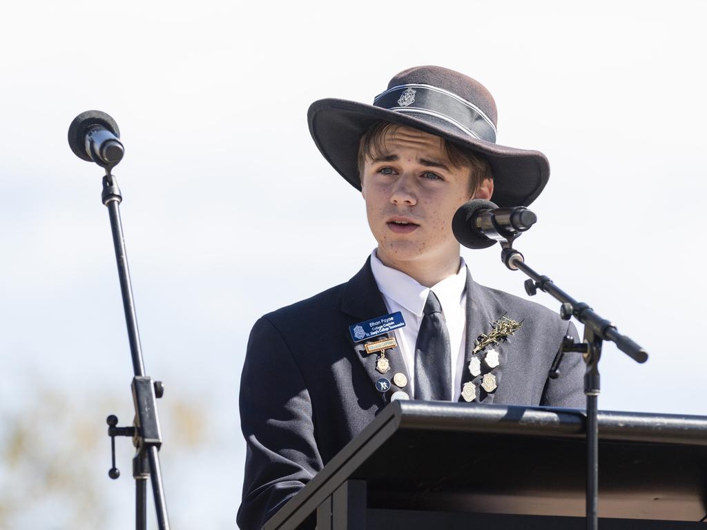 St Mary's College captain Ethan Payne gives the address at Toowoomba's Anzac Day mid-morning service at the Mothers' Memorial, Thursday, April 25, 2024. Picture: Kevin Farmer