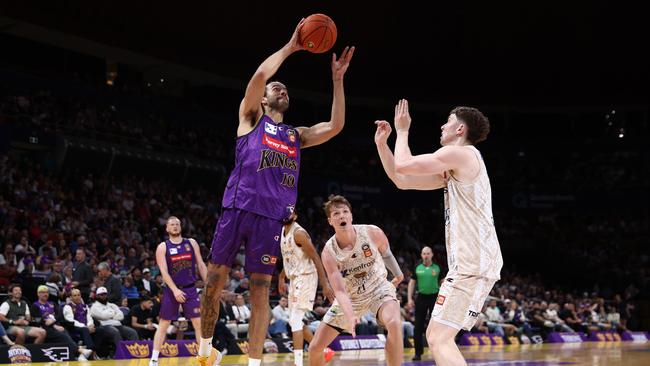 SYDNEY, AUSTRALIA – OCTOBER 13: Xavier Cooks of the Kings shoots during the round four NBL match between Sydney Kings and Cairns Taipans at Qudos Bank Arena on October 13, 2024 in Sydney, Australia. (Photo by Jason McCawley/Getty Images)