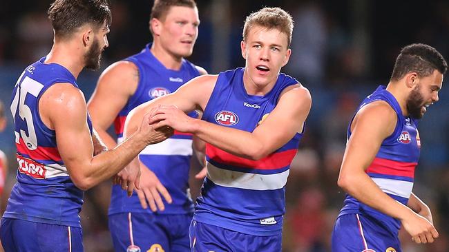 Jack Macrae celebrates one of his fourth-quarter goals.