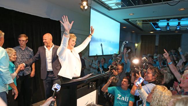 Zali Steggall on stage after winning the seat of Warringah. Picture: Damian Shaw