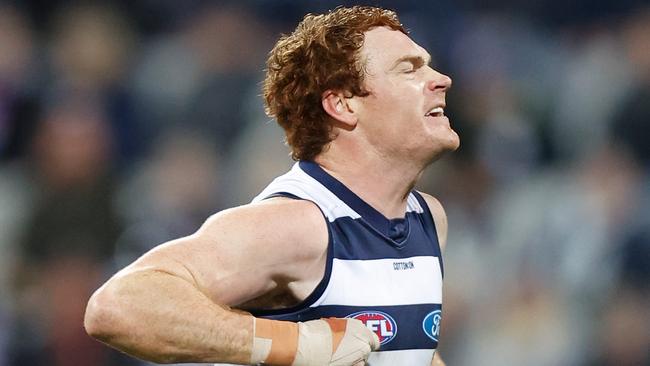 GEELONG, AUSTRALIA - JUNE 18: Gary Rohan of the Cats celebrates a goal during the 2021 AFL Round 14 match between the Geelong Cats and the Western Bulldogs at GMHBA Stadium on June 18, 2021 in Geelong, Australia. (Photo by Michael Willson/AFL Photos via Getty Images)