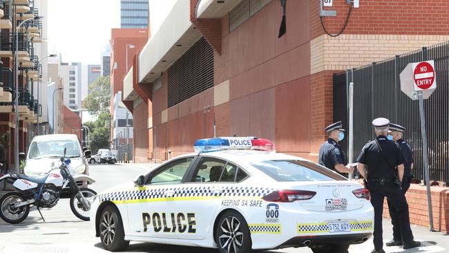 Police outside the Adelaide Remand Centre, from where Jason Burdon escaped. Picture: Tait Schmaal.