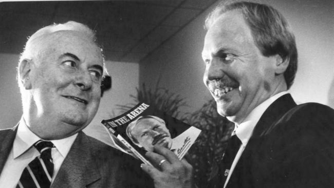 Peter Beattie gives former Labor Prime Minister Gough Whitlam an autographed copy of his book “In the Arena: Memories of an ALP State Secretary in Queensland” co-written with Brian Stevenson in November 1990. Chooks owns a copy if anyone would like to borrow it. Picture: Peter Barnes