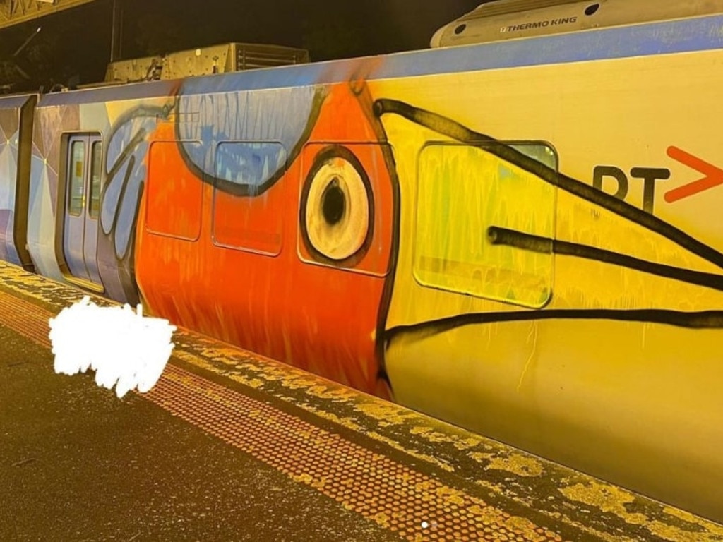 ‘Pam the Bird’ aboard a train at a Melbourne train station. Picture: Instagram