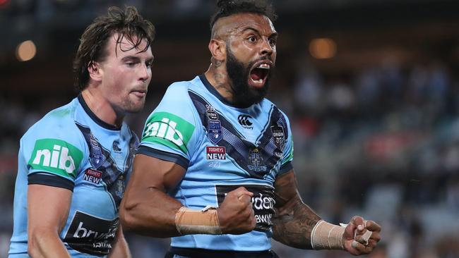 Josh Addo-Carr celebrates a try with Clint Gutherson in Origin II. Picture: Brett Costello