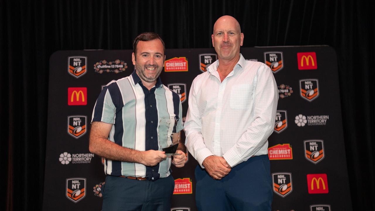 Jason Woodman and Mitchell Hardy at the 2023 NRL NT Frank Johnson / Gaynor Maggs medal night. Picture: Pema Tamang Pakhrin