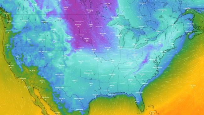 This temperature map sums up America's dangerous Christmas weather with freezing conditions as far south as Texas and Florida. Picture: Windy