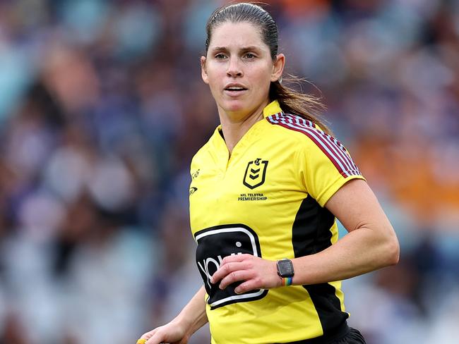 SYDNEY, AUSTRALIA - MAY 04: Referee, Kasey Badger in action during the round nine NRL match between Canterbury Bulldogs and Wests Tigers at Accor Stadium, on May 04, 2024, in Sydney, Australia. (Photo by Brendon Thorne/Getty Images)