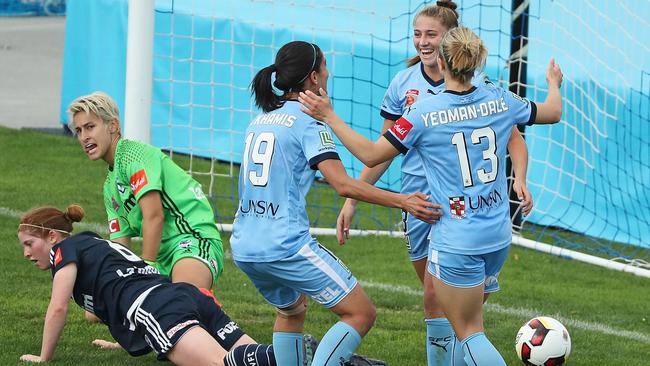 Remy Siemsen congratulated by Leena Khamis and Georgia Yeoman-Dale after scoring Sydney’s second goal.