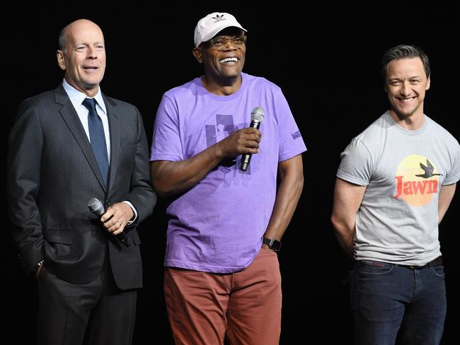 Bruce Willis, Samuel L. Jackson and James McAvoy will join super-forces in M. Night Shyamalan’s trilogy-closing Glass. Picture: Ethan Miller/Getty Images