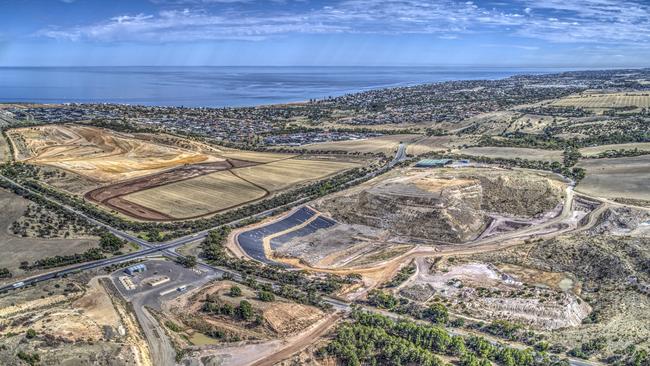 Drone images of the Southern Waste Depot landfill site, about 4km west of McLaren Vale, showing construction of the new double-lined disposal cell (cell 3). The company Southern Waste Resourceco Pty Ltd has applied to the EPA to receive, treat and dispose of PFAS-contaminated solid waste at the site. Picture: EPA