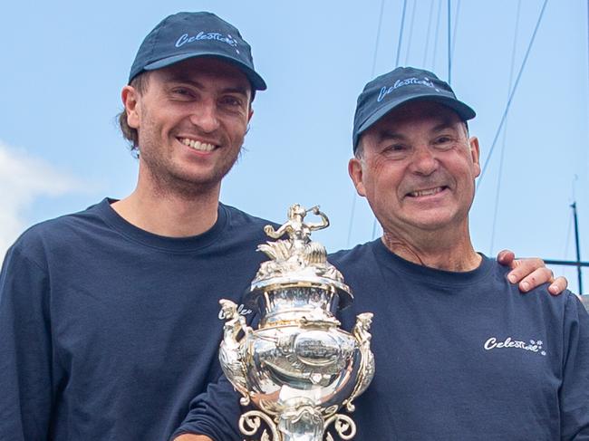 Will and Sam Haynes at the presentation of the Tattersalls cup on board Celestial. Picture: Linda Higginson