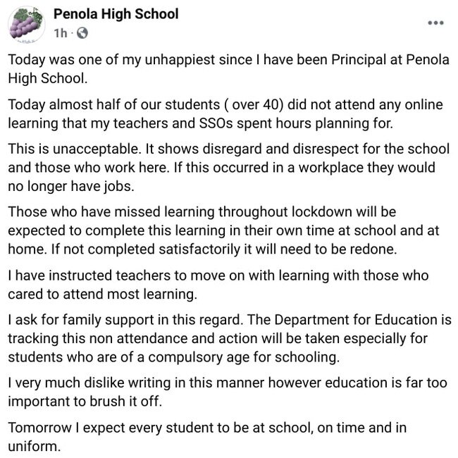 The Facebook post signed off by Penola High School principal Lesley Okholm. Picture: Facebook